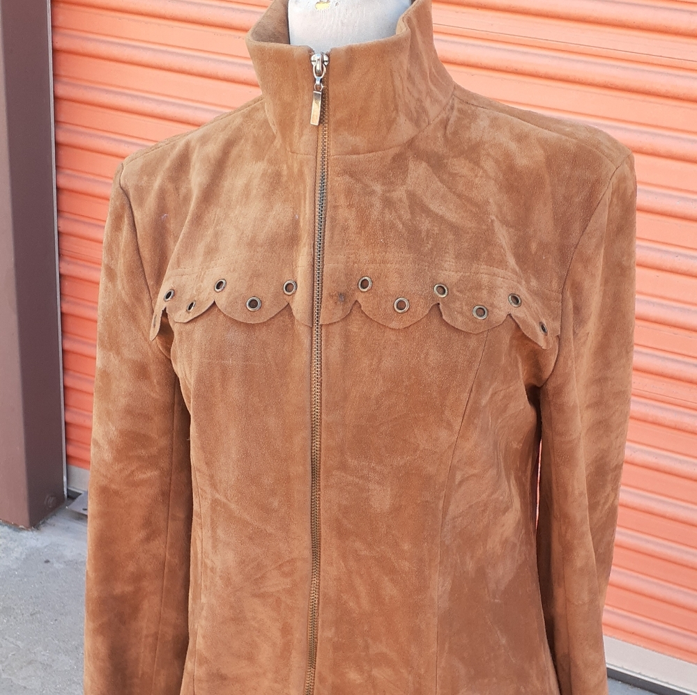 Boho  Tan Suede Zip Front Vtg Sheath Dress Scallop trim Long sleeves , SZ M - Picture 4 of 8